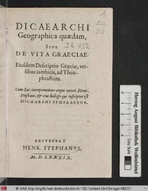 Dicaearchi Geographica quædam, Sive De Vita Graeciae