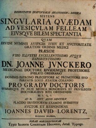 Dissertatio Inavgvralis Anatomico-Medica Sistens Singvlaria Qvaedam Ad Vesicvlam Felleam Eivsqve Bilem Spectantia