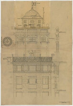 Fischer, Theodor; Kassel; Museum (jetzt: Hessisches Landesmuseum) - Turm (Ansicht, Schnitt); Ziffernblatt der Turmuhr (Ansicht)