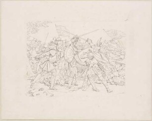 Zu Shakespeares "König Heinrich IV.", Teil 1, Blatt 6, 5. Akt, 4. Szene: Douglas und der König im Zweikampf während der Schlacht, Prinz Heinrich eilt zur Hilfe