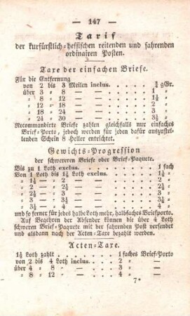 Tarif der kurfürstlich-hessischen reitenden und fahrenden ordinairen Posten.
