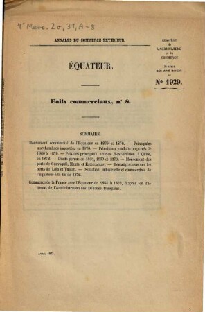 Annales du commerce extérieur. Équateur. Faits commerciaux. 8, 8. 1873