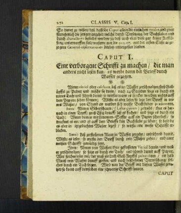 Caput I. Eine verborgene Schrifft zu machen/ die man anders nicht lesen kan/ es werde dann der Brieff durch Wasser gezogen.