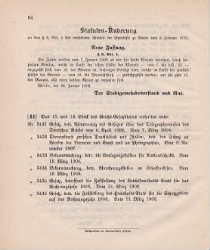 Nr. 41: Inhaltsverzeichnis aus dem Reichs-Gesetzblatt