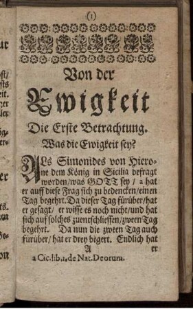Die Erste Betrachtung. Was die Ewigkeit sey?