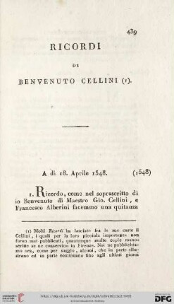 Ricordi Di Benvenuto Cellini