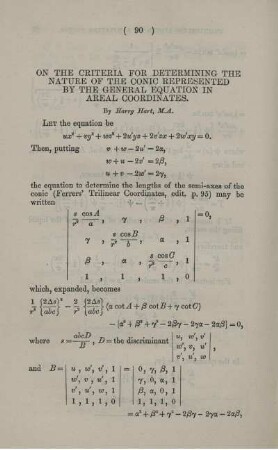 On the criteria for determining the nature of the conic represented by the general equation in areal coordinates.