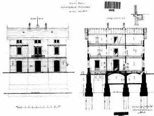 Fichtenberg: Empfangsgebäude Längsschnitt,Ansicht Bahnseite