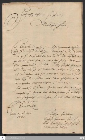 Brief von August Hermann Francke, Johann Anastasius Freylinghausen und Christoph Semler an Marquard Ludwig von Printzen.