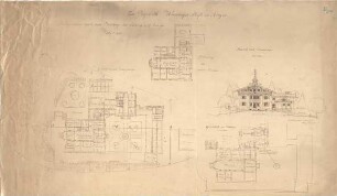 Thiersch, August ; Anger (Bayern); Wieninger Stift, Projekt - Lageplan m. Grundriss Hauptgeschoss, Grundriss UG, Grundriss 1. OG, Ansicht