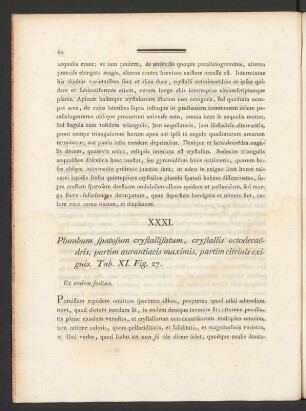 XXXI. Plumbum spatosum crystallisatum, crystallis octodecaedris, partim ... Tab. XI. Fig. 27