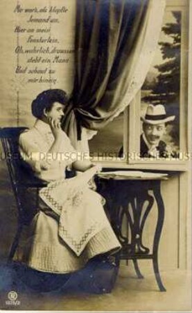 Frau am Fenster, mit Vers