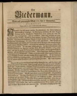 Neun und zwantzigstes Blatt 1727. den 17. November