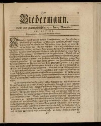 Neun und zwantzigstes Blatt 1727. den 17. November