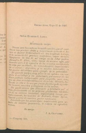 [Carta dirigida a] Señor Eurgenio G. López