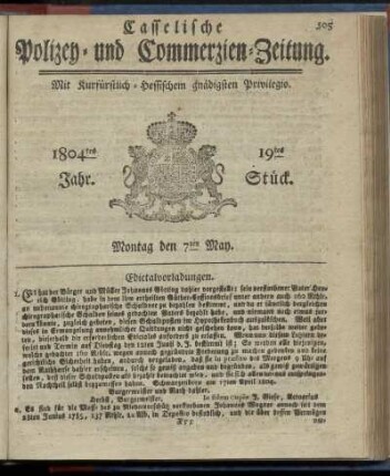 19tes Stueck, Montag den 7ten May 1804
