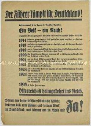 Propagandaflugblatt zur Volksabstimmung über den "Anschluß" Österreichs