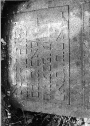 Grabstein 314 (Index: 99791704) Zustand: eingesunken, verwittert Maße HxBxT: 82x56x11 cm: Grabstein 314 (Detailaufnahme 2)