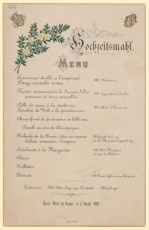 Menükarte : Hochzeitsmahl, Grand Hotel de Rome