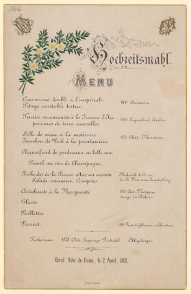 Menükarte : Hochzeitsmahl, Grand Hotel de Rome
