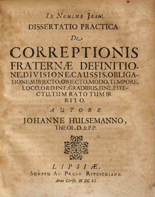 De Jure Et Moderatione Correptionis Fraternae, Dissertatio Practica