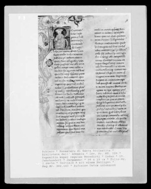 Expositio super regulam Benedicti — Initiale R mit einem Heiligen, Folio 1 recto