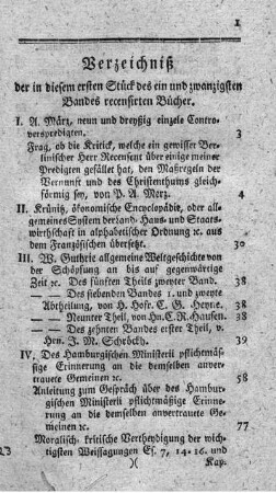 Verzeichniß der in diesem ersten Stück des ein und zwanzigsten Bandes recensirten Bücher.