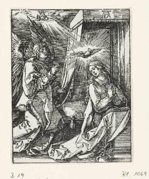 Verkündigung, Blatt 4 aus: Albrecht Dürer, "Passio Christi ab Alberto Durer Nurenbergensi effigiata cum varij generis carminibus Fratris Benedicti Chelidonij Musophili", Nürnberg 1511, S. A iiij