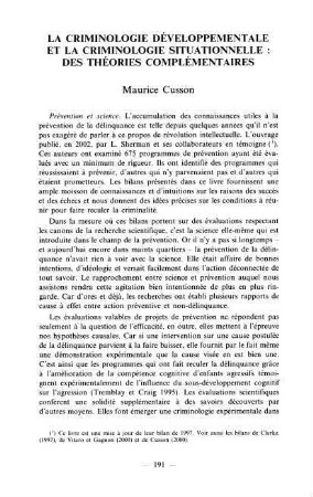 191-202, 14. La criminologie développementale et la criminologie situationelle: des théories complémentaires
