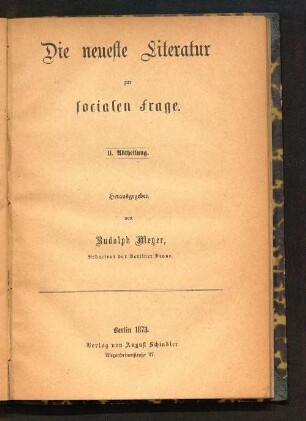2. Abtheilung: Die neueste Literatur zur socialen Frage