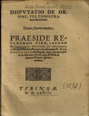 Dispvtatio De Ordine, Vel Consecratione Sacerdotali