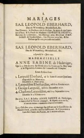 1-4, Mariages de S. A. S. Leopold Eberhard, Duc de Wirtemberg-Montbeliard, & c.