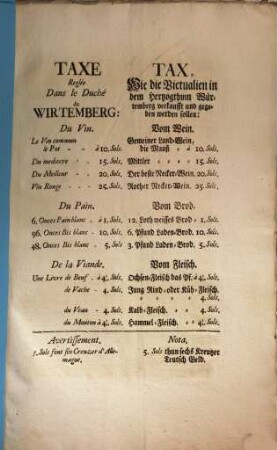 Taxe Reglée Dans le Duché de Wirtemberg: Du Vin = Tax, Wie die Victualien in dem Hertzogthum Würtemberg verkaufft und gegeben werden sollen: Vom Wein