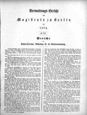 No. XIII. Bericht der Armen-Direction, Abtheilung für die Waisenverwaltung