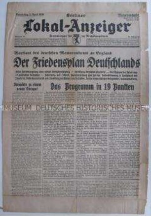 Tageszeitung "Berliner Lokal-Anzeiger" zum Memorandum Deutschlands an Großbritannien ("Friedensplan")