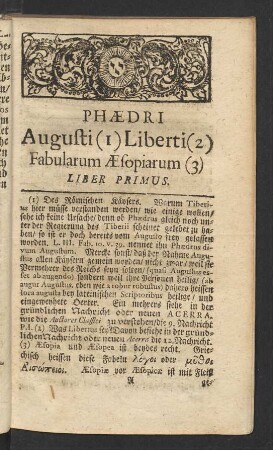 Phaedri Augusti (1) Liberti (2) Fabularum Aesopiarum (3) Liber Primus