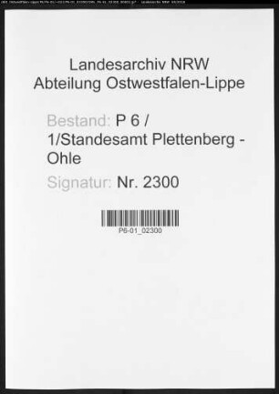 Sterberegister Standesamt Plettenberg-Ohle