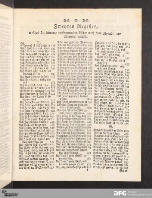 Zweytes Register, welches die hierinne vorkommenden Lieder nach dem Alphabet und Numern enthält.