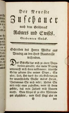 Der neueste Zuschauer nach dem Geschmack Rabners und Swifts. Siebentes Stück.