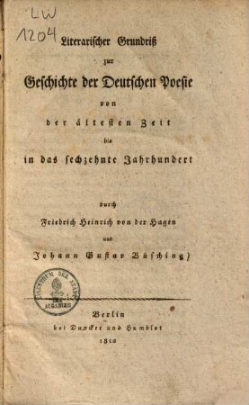 Literarischer Grundriß zur Geschichte der deutschen Poesie : von der ältesten Zeit bis in das sechzehnte Jahrhundert