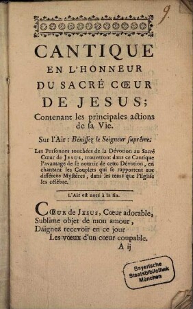 Cantique en l'honneur du sacrée coeur de Jesus