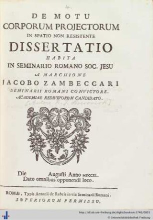 De motu corporum projectorum in spatio non resistente : dissertatio habita in Seminario Romano Soc. jesu