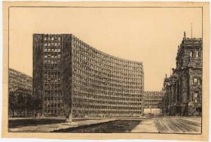 Erweiterung des Reichstags und Neugestaltung des Platzes der Republik, Berlin-Tiergarten Bibliothek: Perspektivische Ansicht Bibliotheksneubau vom Platz der Republik