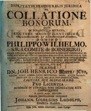 Disputatio inauguralis juridica de collatione bonorum