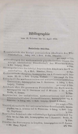 Bibliographie vom 16. Februar bis 15. April 1871.