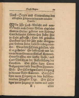 Nach-Segen und Einweisung des erblaßten Cörpers ...