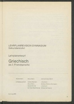 Lehrplanrevision Gymnasium Sekundarstufe I Lehrplanentwurf Griechisch als 3. Fremdsprache