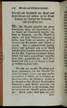 Addresse und Bittschrift der Kauf- und Handelsleute und anderer in der Stadt London, den Handel mit Nordamerika betreffend, vor