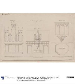 Götterswickerhamm bei Dinslaken. Entwurf zu einer Kirche. Altarwand, Orgel und Kanzel. Ansicht und Details