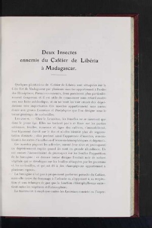 Deux Insectes ennemis du Caféier de Libéria à Madagascar.
